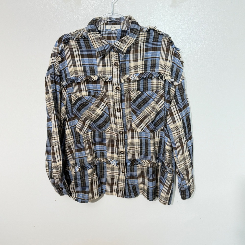 Blue Velvet Plaid Button Down Shirt Womens Medium Blue Brown Frayed Raw Edge